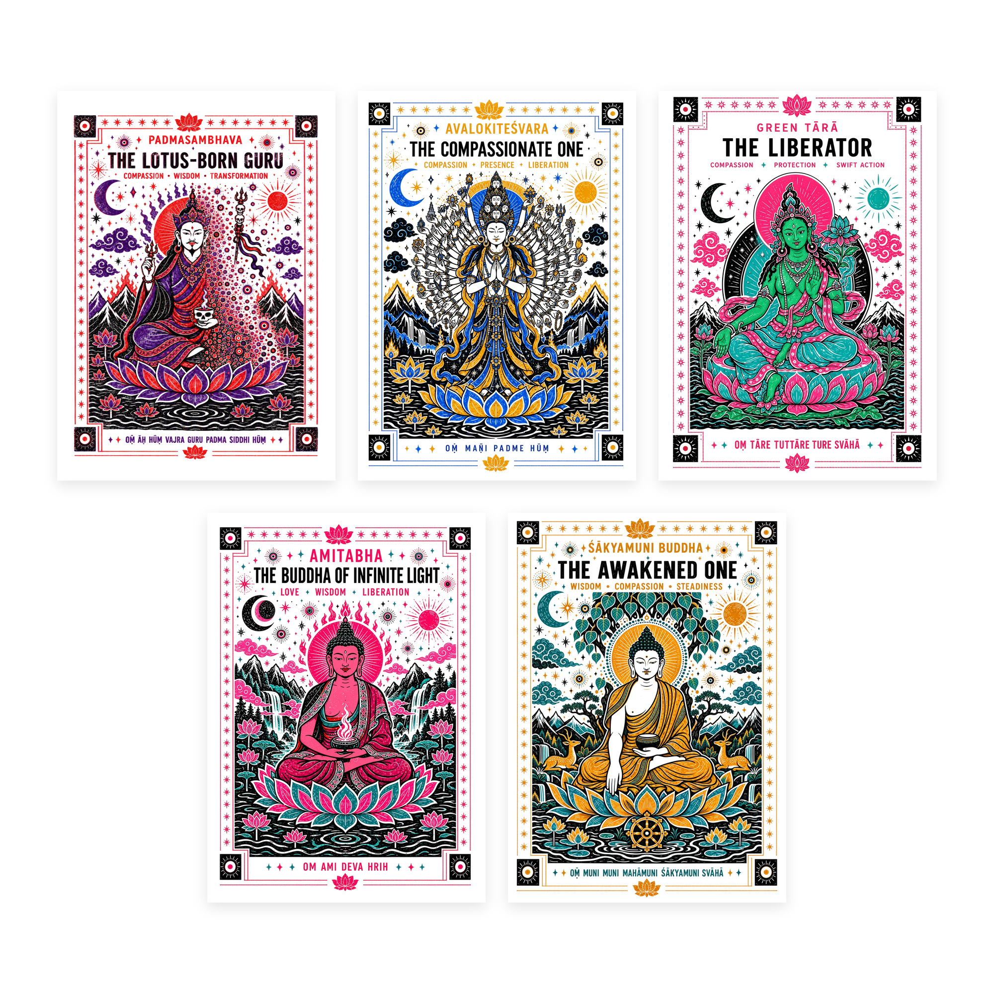 The five Suki art prints: Padmasambhava, Avalokitesvara, Green Tara, Amitabha and Shakyamuni